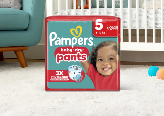 Culottes Pampers Baby-Dry Pants Taille 5 – Couches-culottes pour bébés de 12 à 17 kg, protection 12h, livraison rapide Coucouche.fr
