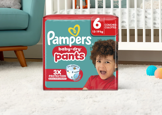 Pampers Baby-Dry Pants Taille 6 (15+ kg) – Culottes anti-fuite faciles à enfiler. Livraison 24h. Meilleur prix Coucouche.fr