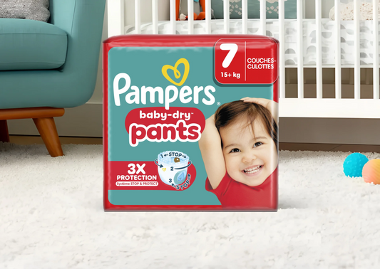Pampers Baby-Dry Pants Taille 7 (15+ kg) – Culottes faciles à enfiler, anti-fuite 12h. Livraison 24h. Meilleur prix Coucouche.fr