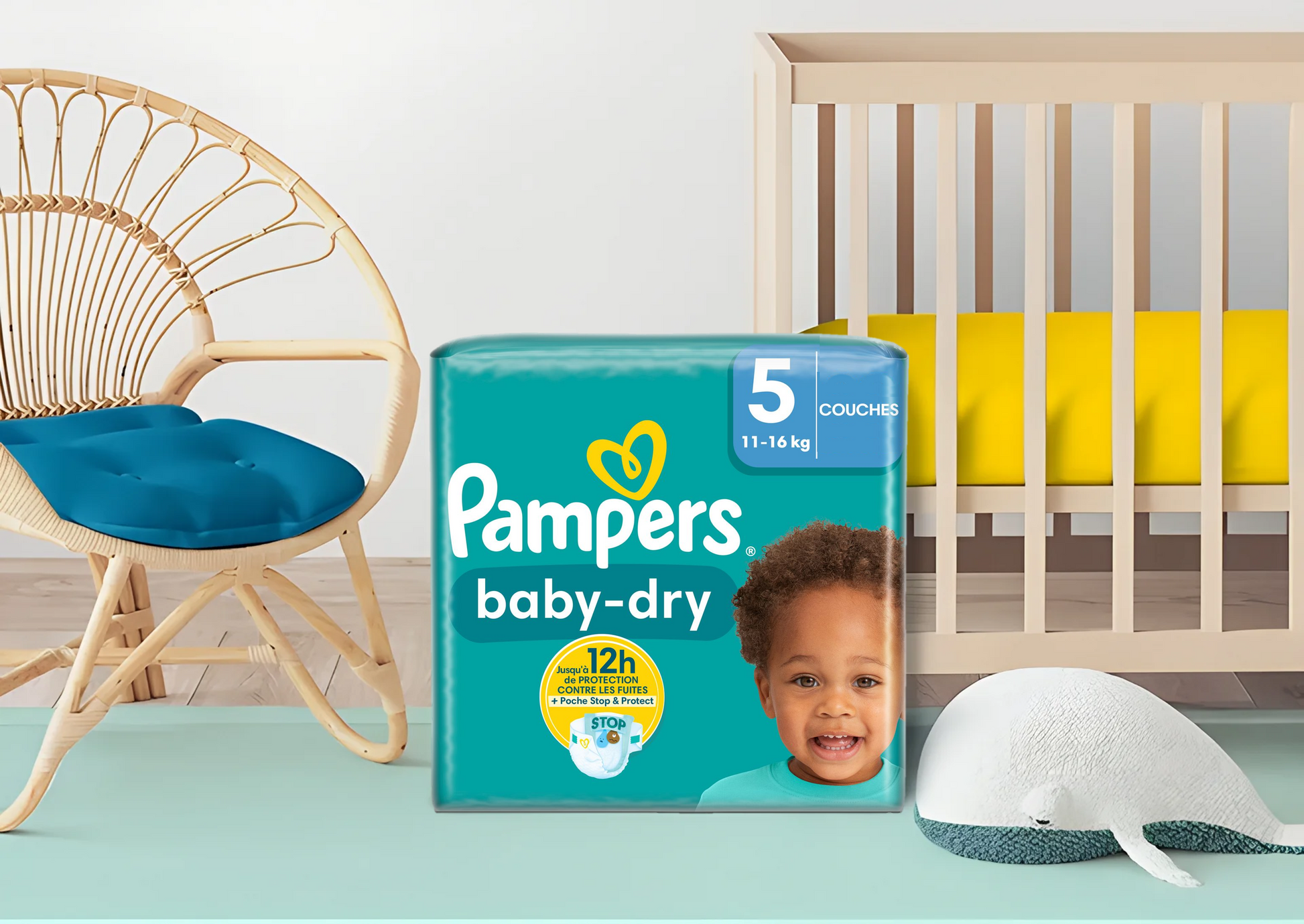 Pampers Baby-Dry Taille 5 (11-16 kg) – Couches ultra absorbantes, anti-fuite. Livraison 24h. Meilleur prix sur Coucouche.fr