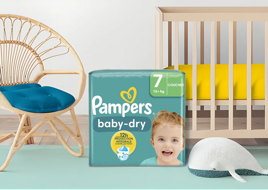 Couches Pampers Baby-Dry Taille 7 – Pour enfants de 15 kg+, anti-fuite 12h, confort extra – Livraison rapide Coucouche.fr