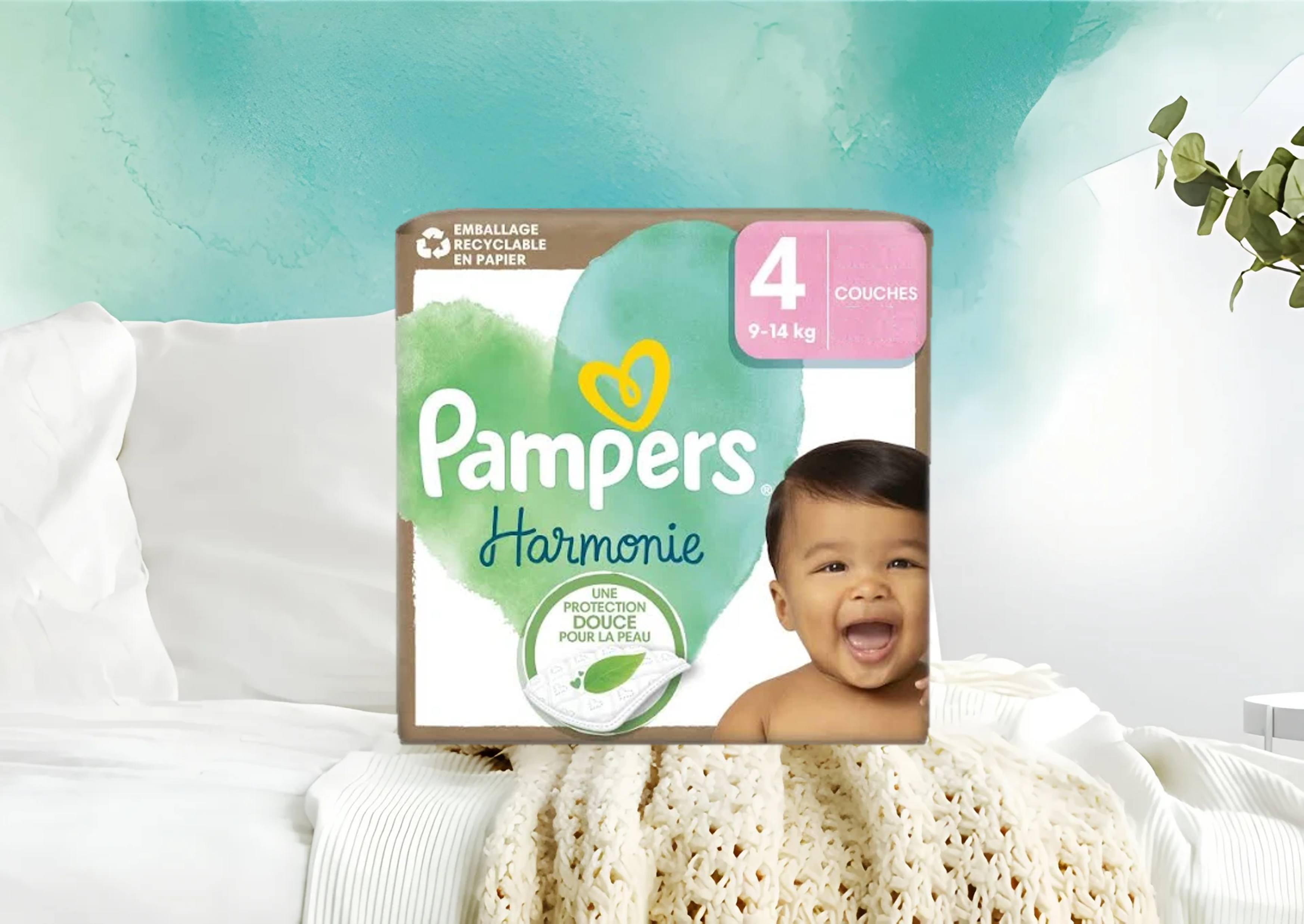 Couches Pampers Harmonie Taille 4 – Couches naturelles sans parfum pour bébés de 9 à 14 kg – Livraison rapide Coucouche.fr