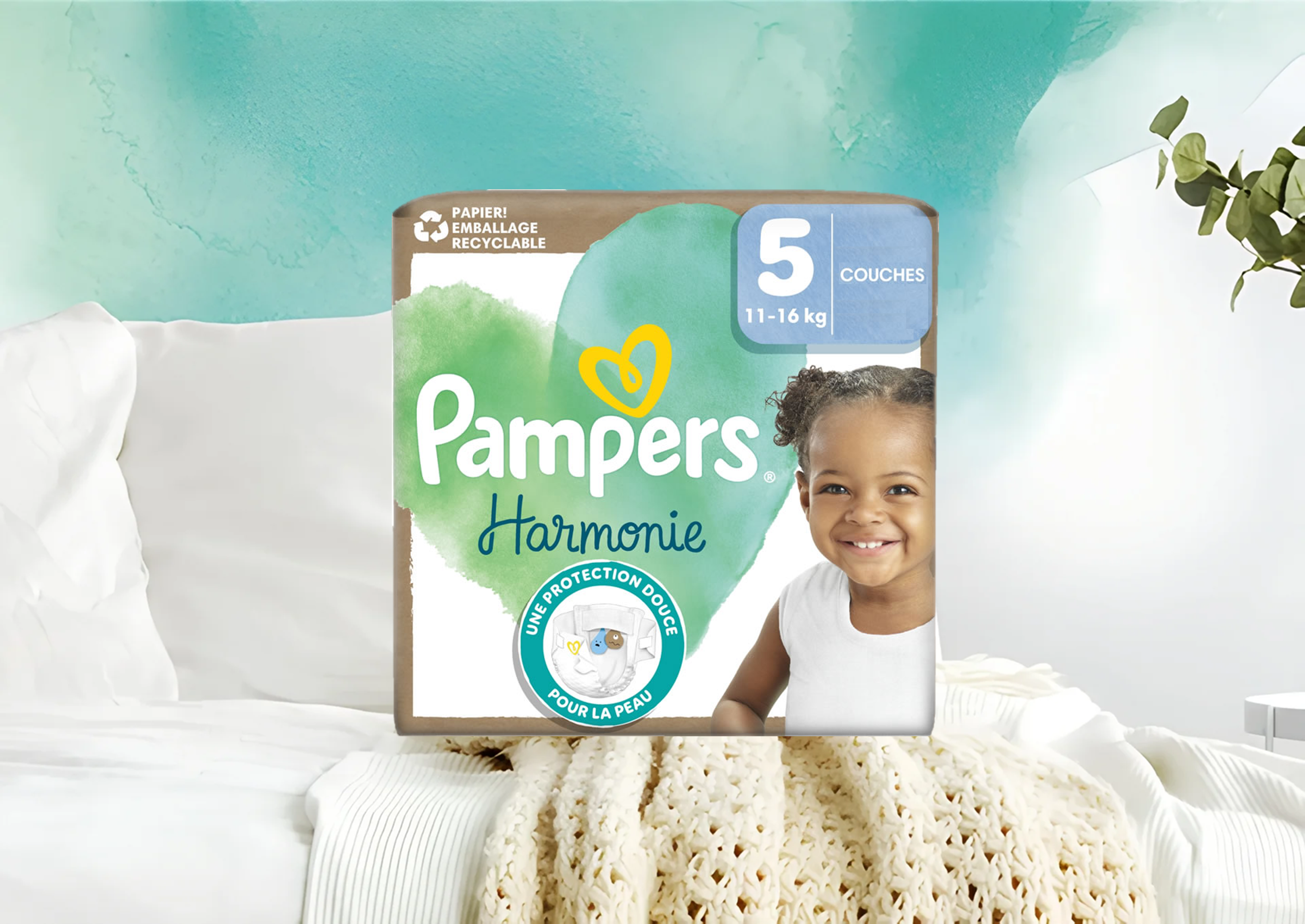 Couches Pampers Harmonie Taille 5 – Naturelles, sans parfum, pour bébés de 11 à 16 kg – Livraison rapide Coucouche.fr